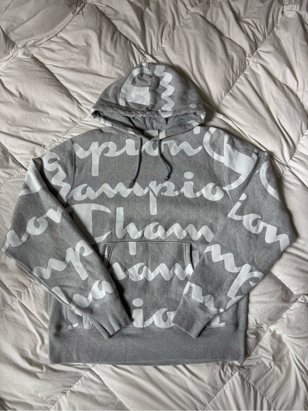 Champion Gray All-Over Script Logo Hoodie - Men's Pullover
